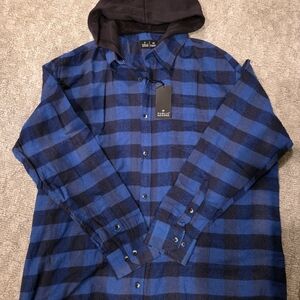 Public Record Flannel Blue and Black Plaid Hooded Shirt 2X